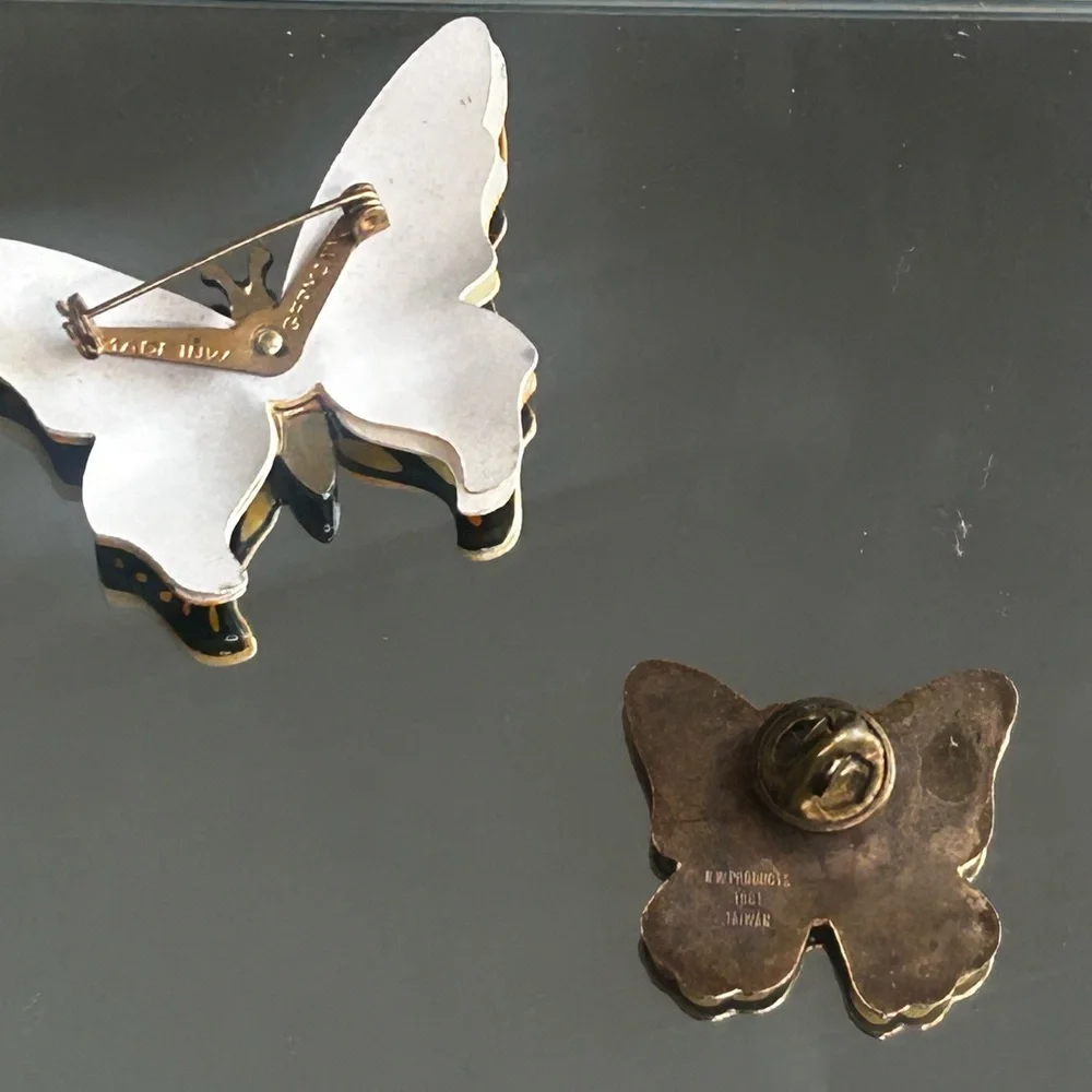 Set of Two Butterfly Broach Vintage Made West Germany Goldtone Rainbow Jewelry